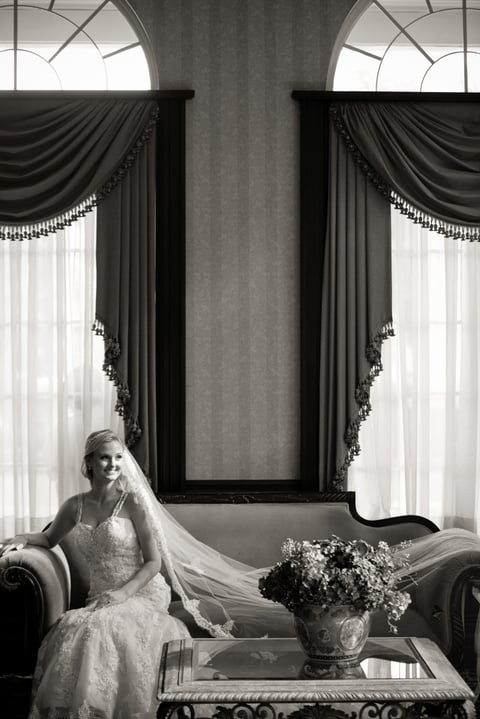 Black and white wedding photo at East Winds
