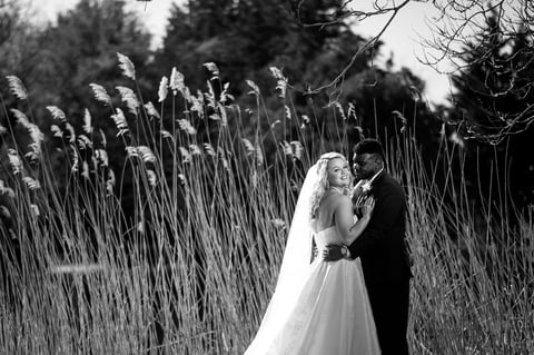 Black and white wedding photo at Flowerfields